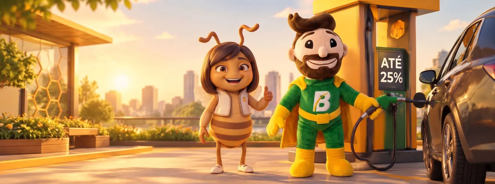 Personagem abelha da Rede Bee e super-herói Baratão abastecendo um carro em um posto credenciado, com desconto de até 25%