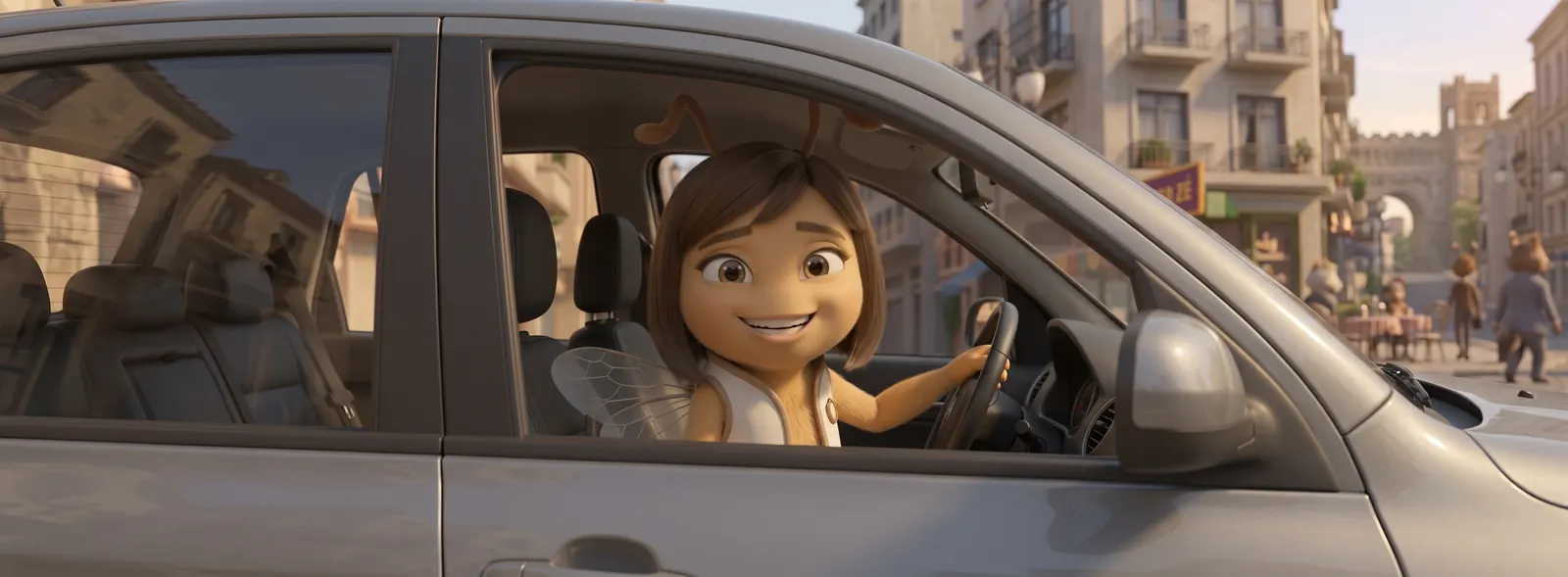 Personagem Bee no carro, sorrindo